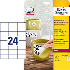 Avery Zweckform Folien-Etiketten, wetterfest, wieder ablösbar, 70 x 37 mm