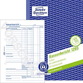 Avery® Zweckform Kassenbericht 1265, Format A5, mit Ausfüllhilfe, ohne Durchschläge, perforiert & gelocht, Blauer Engel, weiß, 1 Buch mit 50 Blatt