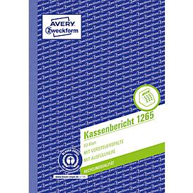Avery® Zweckform Kassenbericht 1265, Format A5, mit Ausfüllhilfe, ohne Durchschläge, perforiert & gelocht, Blauer Engel, weiß, 1 Buch mit 50 Blatt