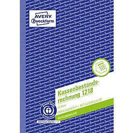 Avery® Zweckform Kassenbestandsrechnung 1218, A5, mit Ausfüllhilfe, ohne Durchschläge, perforiert & gelocht, Blauer Engel, weiß, 1 Buch mit 50 Blatt