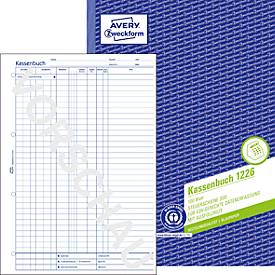 Avery® Zweckform Kassenbuch 1226, Format A4, DATEV-konform, mit Ausfüllhilfe & 1 Blatt Blaupapier, perforiert & gelocht, Blauer Engel, weiß, 100 Blatt