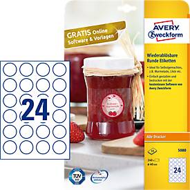 AVERY® Zweckform Klebeetiketten, blanko, Ø 40 mm, rund, für alle Drucker, weiß