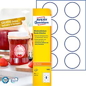 AVERY® Zweckform Klebeetiketten, blanko, Ø 65 mm, rund, für alle Drucker, weiß