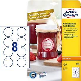 AVERY® Zweckform Klebeetiketten, blanko, Ø 65 mm, rund, für alle Drucker, weiß