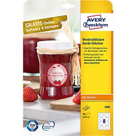 AVERY® Zweckform Klebeetiketten, blanko, Ø 65 mm, rund, für alle Drucker, weiß