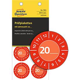 Avery Zweckform Prüfplakette 7901 mit Jahreszahl 20__zum Selbereintragen, extrem robust, Ø 30 mm, 80 Stück/10 Bogen, Vinylfolie, rot