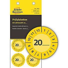 Avery Zweckform Prüfplakette 7902 mit Jahreszahl 20__zum Selbereintragen, extrem robust, Ø 30 mm, 80 Stück/10 Bogen, Vinylfolie, gelb