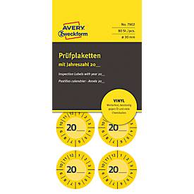 Avery Zweckform Prüfplakette 7902 mit Jahreszahl 20__zum Selbereintragen, extrem robust, Ø 30 mm, 80 Stück/10 Bogen, Vinylfolie, gelb