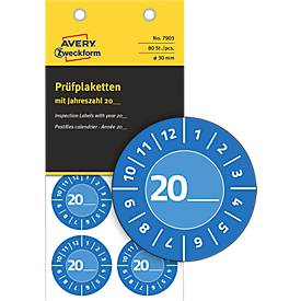 Avery Zweckform Prüfplakette 7903 mit Jahreszahl 20__zum Selbereintragen, extrem robust, Ø 30 mm, 80 Stück/10 Bogen, Vinylfolie, blau