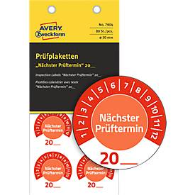Avery Zweckform Prüfplakette 7904 „Nächster Prüftermin“ 20__zum Selbereintragen, extrem robust, Ø 30 mm, 80 Stück/10 Bogen, Vinylfolie, rot