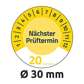 Avery Zweckform Prüfplakette 7905 „Nächster Prüftermin“ 20__zum Selbereintragen, extrem robust, Ø 30 mm, 80 Stück/10 Bogen, Vinylfolie, gelb