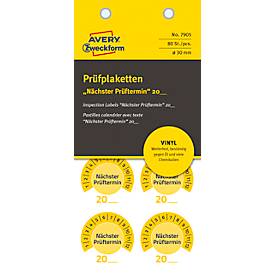 Avery Zweckform Prüfplakette 7905 „Nächster Prüftermin“ 20__zum Selbereintragen, extrem robust, Ø 30 mm, 80 Stück/10 Bogen, Vinylfolie, gelb
