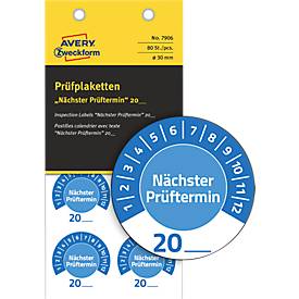 Avery Zweckform Prüfplakette 7906 „Nächster Prüftermin“ 20__zum Selbereintragen, extrem robust, Ø 30 mm, 80 Stück/10 Bogen, Vinylfolie, blau