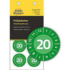 AVERY® Zweckform Prüfplaketten, Jahreszahl 2020 grün, Vinyl, Ø 30 mm, 80 Stück