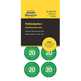AVERY® Zweckform Prüfplaketten, Jahreszahl 2020 grün, Vinyl, Ø 30 mm, 80 Stück