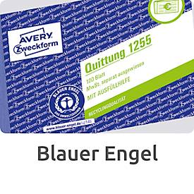 Avery® Zweckform Quittungsbuch 1255, Querformat A6, inkl. Mehrwertsteuer, mit 1 Blatt Blaupapier, perforiert & gelocht, Blauer Engel, weiß, 100 Blatt