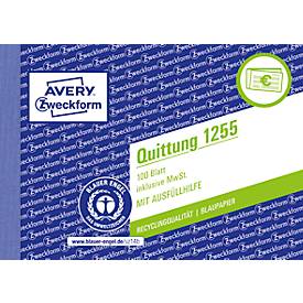Avery® Zweckform Quittungsbuch 1255, Querformat A6, inkl. Mehrwertsteuer, mit 1 Blatt Blaupapier, perforiert & gelocht, Blauer Engel, weiß, 100 Blatt