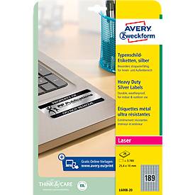 Avery Zweckform Typenschildetiketten L6008-20, extrem robust, geeignet für SW-Laserdrucker, 25,4 x 10 mm, 3780 Stück/20 A4-Bogen, Polyesterfolie, silber