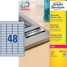 Avery Zweckform Typenschildetiketten L6009-100, extrem robust, geeignet für SW-Laserdrucker, 45,7 x 21,2 mm, 4800 Stück/100 A4-Bogen, Polyesterfolie, silber