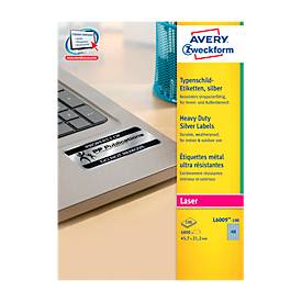 Avery Zweckform Typenschildetiketten L6009-100, extrem robust, geeignet für SW-Laserdrucker, 45,7 x 21,2 mm, 4800 Stück/100 A4-Bogen, Polyesterfolie, silber