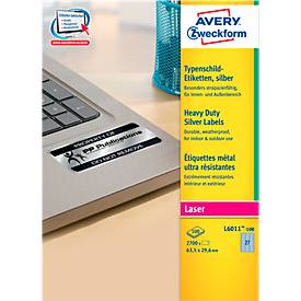 Avery Zweckform Typenschildetiketten L6011-100, extrem robust, geeignet für SW-Laserdrucker, 63,5 x 29,6 mm, 2700 Stück/100 A4-Bogen, Polyesterfolie, silber