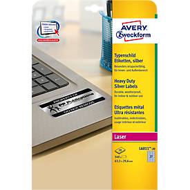 Avery Zweckform Typenschildetiketten L6011-20, extrem robust, geeignet für SW-Laserdrucker, 63,5 x 29,6 mm, 540 Stück/20 A4-Bogen, Polyesterfolie, silber