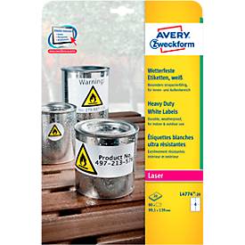 Avery Zweckform Wetterfeste Folienetiketten L4774-20, A4, 80 Etiketten, weiß