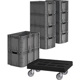 Bacs Euro série LTF 6320, PP, L 600 x l. 400 x H 320 mm, 62,7 L, jusqu'à 30 kg, 10 p. + plateau roulant gratuit