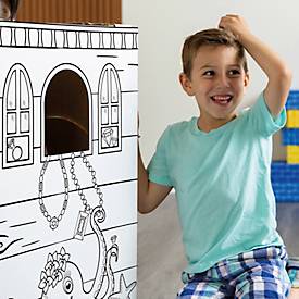 Bankers Box Piratenschiff XL, ausmalbares Kartonspielzeug, Wellpappe, FSC-zertifiziert, interaktive Türen/Fenster, ab 3 Jahren, B 790 x T 1350 x H 505 mm, weiß