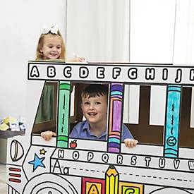 Bankers Box Spielbus, ausmalbarer Kartonbus aus FSC‑Wellpappe, groß, interaktive Türen/Fenster, sicher ab 3 Jahren, L 838 x B 787 x H 1143 mm, weiß