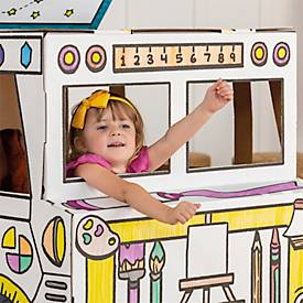 Bankers Box Spielbus, ausmalbarer Kartonbus aus FSC‑Wellpappe, groß, interaktive Türen/Fenster, sicher ab 3 Jahren, L 838 x B 787 x H 1143 mm, weiß