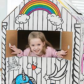Bankers Box Spielhaus XL Playhouse Unicorn, Einhorn-Motiv, Wellpappe, bemalbar, Türen/Fenster, FSC-zertifiziert, B 813 x T 813 x H 1213 mm, weiß