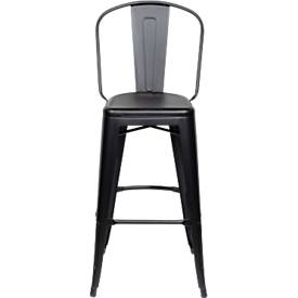 Barhocker meet by Paperflow URBAN, Rückenlehne, stapelbar, UV-behandelt, perforierte Sitzfläche, B 360 x H 365 x H 760 mm, Stahl verzinkt, schwarz/schwarz, 2 Stück