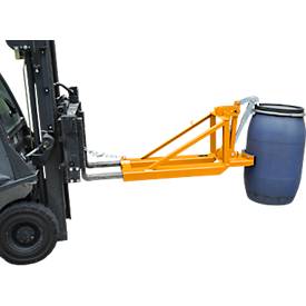Bauer Fasslifter RS-I/D 91, für Stapler, 1 x 110 bis 200-l-Deckelfässer, L 1285 x B 585 x H 810 mm, bis 800 kg, Stahl, Gelborange