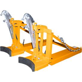 Bauer Fasslifter RS-II/D 91, für Stapler, 2 x 110 bis 200-l-Deckelfässer, L 1285 x B 940 x H 810 mm, bis 1600 kg, Stahl, Gelborange
