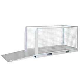 Bauer Gitterbehälter MTP 2000, mit Tränenblechboden, Auffahrrampe & 4 Verzurrösen, 3-seitiges Drahtgitter, feuerverzinkt, B 2145 x T 1085 x H 1120 mm