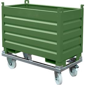 Bauer Sammelbehälter-System SBS 500, L 600 x B 1200 x H 850 mm, bis zu 3-fach stapelbar, lackiert, mit Transportwagen, resedagrün RAL 6011