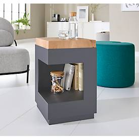 Beistelltisch, quadratisch, Säulenfuß mit Ablagefach & Filzgleitern, bis 30 kg, B 350 x T 350 x H 540 mm, Hirnholz-Eiche/Acryl, grau-matt