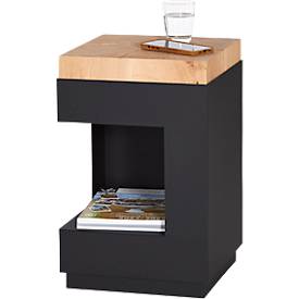 Beistelltisch, quadratisch, Säulenfuß mit Ablagefach & Filzgleitern, bis 30 kg, B 350 x T 350 x H 540 mm, Hirnholz-Eiche/Acryl, schwarz-matt