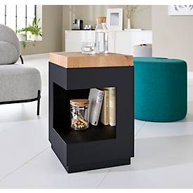 Beistelltisch, quadratisch, Säulenfuß mit Ablagefach & Filzgleitern, bis 30 kg, B 350 x T 350 x H 540 mm, Hirnholz-Eiche/Acryl, schwarz-matt