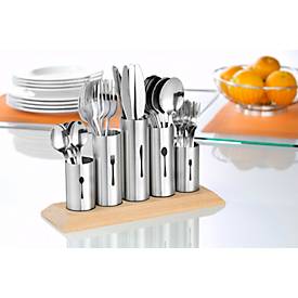 Besteckhalter, 5 feste Halterungen für bis zu 60 Besteckteile, L 300 x B 100 x H 165 mm, ohne Besteck, Edelstahl/Gummibaumholz, silber
