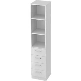 Bibliothèque combinée, 5 HC, 3 compartiments ouverts + 4 tiroirs, l. 406 x P 420 x H 2004 mm, gris clair