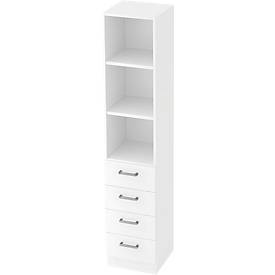 Bibliothèque combinée TARVIS, 5 HC, 2 étagères, 4 tiroirs, l. 405 x P 420 x H 2004 mm, blanc
