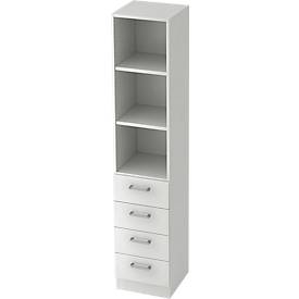 Bibliothèque combinée TARVIS, 5 HC, 2 étagères, 4 tiroirs, l. 405 x P 420 x H 2004 mm, gris clair