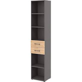 Bibliothèque TEMPIO - en bois - avec 2 tiroirs - L 400 x P 330 x H 2130 mm - 6 HC - anthracite et chêne Hickory