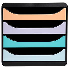 Bloc à 4 tiroirs BIG BOX Aquarel Exacompta, pour format A4+, semi-ouvert, polystyrène, noir/couleurs pastelles