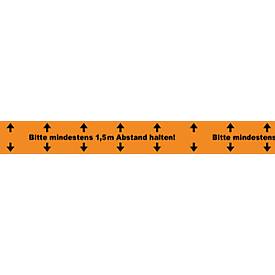 Image of Bodenmarkierungsband Bitte mind. 1,5 m Abstand halten, Stärke 52 μm, Naturkautschuk, L 66 m x B 50 mm, PVC, l.orange, 6 St.