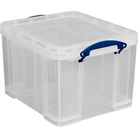 Boîte de transport Really Useful Box, volume 35 l, L 480 x l 390 x H 310 mm, empilable, avec couvercle & poignées rabattables, PP recyclé, transparent