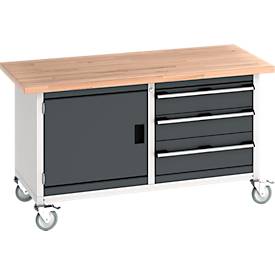 Bott Kastenwerkbank Cubio, 4 Lenkrollen, 3 Schubladen, 1 Tür, 40 mm Buche-Massiv, B 1500 x T 750 x H 840 mm, anthrazit/lichtgrau