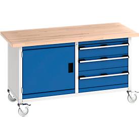 Bott Kastenwerkbank Cubio, 4 Lenkrollen, 3 Schubladen, 1 Tür, 40 mm Buche-Massiv, B 1500 x T 750 x H 840 mm, enzianblau/lichtgrau